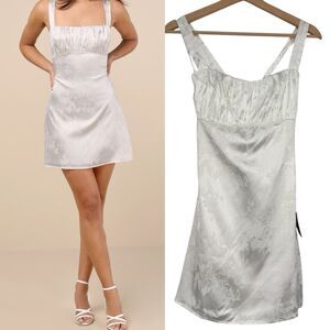 Lulus White Floral Jacquard Satin Lace Up Mini Dress Size XS Asian Inspired
